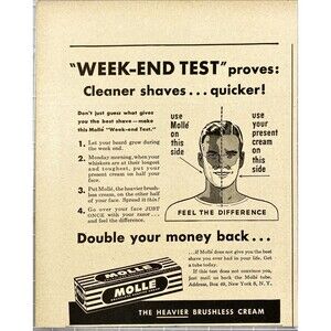 MOLLE Brushless Shaving Creme "Testing Proves: Cleaner Shaves" Vtg Print Ad 1948